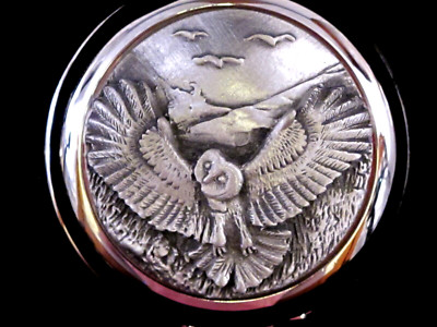 Owl Flying Pocket Watch Bird English Pewter Faced Fob Polished & Chain & Box