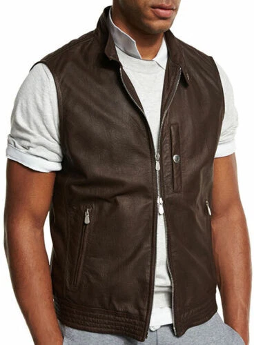 Luxury New Men's Brown Lamsbkin Leather Vest Real Sheepskin Causal Waistcoat