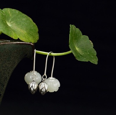 Natural Solid 925 Sterling Silver with White Jade Lotus Flower Dangle Earrings