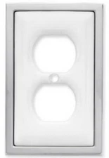 Single Duplex Outlet Wall Plate - White Ceramic with Chrome