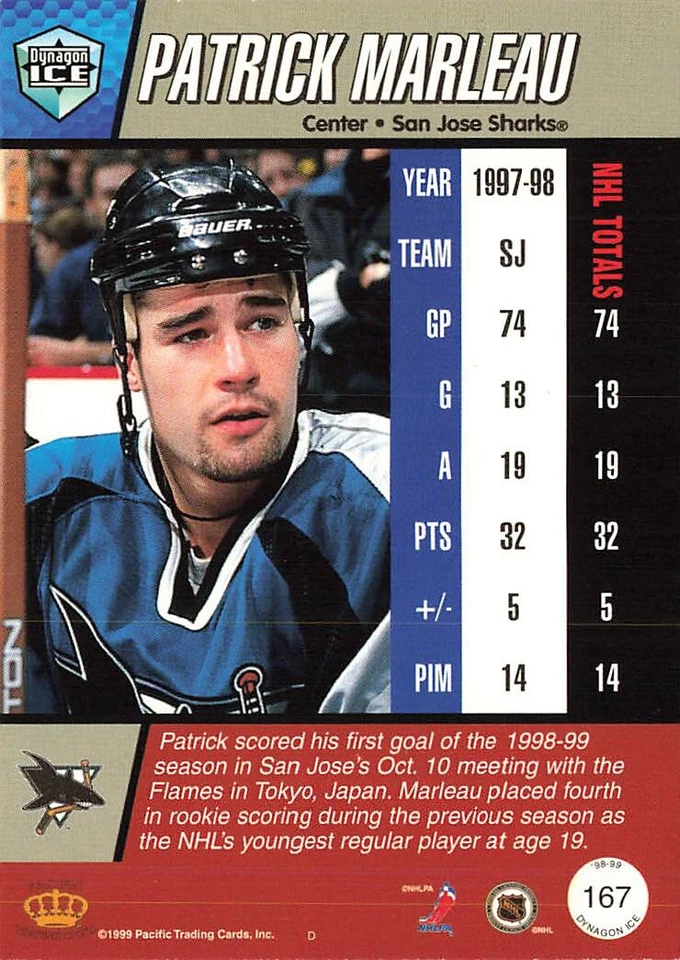 1998 Pacific Dynagon Ice #167 Patrick Marleau San Jose Sharks - Image 2 of 2