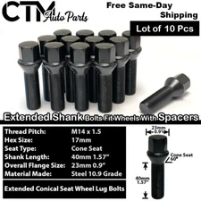 10x Black 14x1.5 Cone Seat Lug Bolt 40mm Shank Fit BMW & EU with 10-15mm Spacer