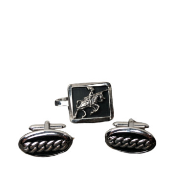 Horse Cufflinks Tie Clip Set Pioneer Silver Tone Vintage Collectible Bundle 3