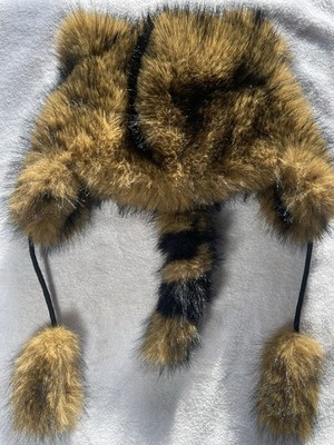 Faux Fur Raccoon Trapper Hat Cap with Tail and Ears Adult Soft Plush Quilted