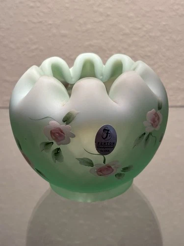 Vtg Fenton Hand-Painted Satin Glass Rose Bowl Diamond Optic Nancy Fenton signed