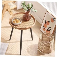  Rattan Log Desktop Round Side End Table, Medium Knit Rattan Wood