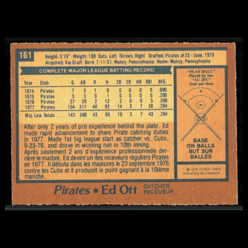 Ed Ott #161 1978 O-Pee-Chee Pittsburgh Pirates Baseball Card MLB NM - Image 2 of 3