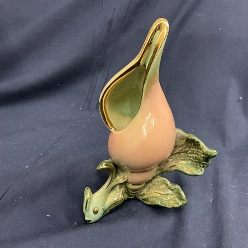 Mid Century Hull Pottery Ebb Tide Conch Bud Vase Peach/green/gold 7” E-1