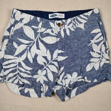 Old Navy Everyday Short Women 6 Blue White Tropical Linen Blend Leaf Print coast