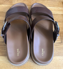 CELINE Brown Leather Strappy Flat Sandals Log...