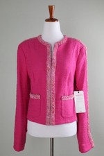 CABI NWT 269 Ballroom Zip Up Lined Tweed Jacket Top in Fuchsia Size Medium