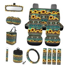 Car Seat Cover Set 15 PCS, with Steering Wheel Cover Seat Aztec Sunflower Blue