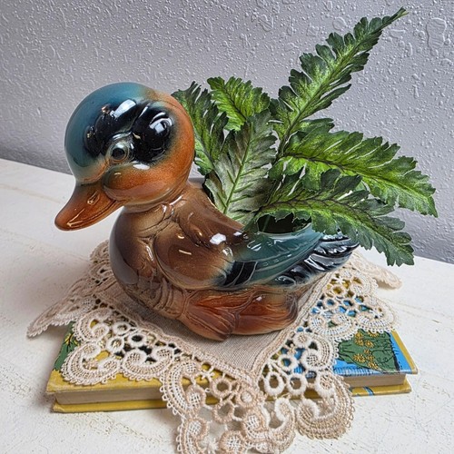 Vintage 1950s Royal Copley Mallard Duck Planter Figurine Brown Teal Orange