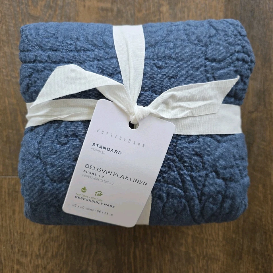 Pottery Barn DOS fundas estándar de lino belga puntada floral azul medianoche Foto 3 de 4