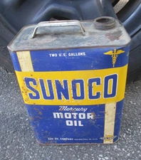 Vintage SUNOCO MERCURY MOTOR OIL  TWO U.S. 2 Gallon METAL TIN Can