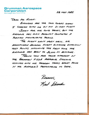 GRUMMAN AEROSPACE Test Pilot KURT SCHROEDER signed 1985 Letter w/COA X-29A