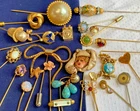 Vtg - Antique Stick Pin Lot Enamel Rhinestone Cloisonne Locket Costume Jewelry