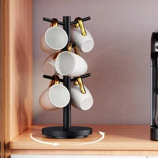 Coffee Mug Holder Tree Upgraded 360° Rotated Cup for Counter Wood Rack 6 Hooks