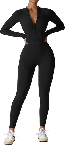 Women Long Sleeve Workout Jumpsuit Zip up Romper Bottom Pants Bodysuit Bodycon S