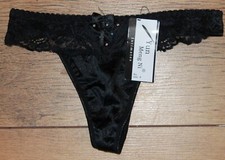 Sexy Ladies Black Panties Briefs Thong Satin with Lace Trim and Diamontes 8-12