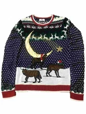 Mens Blue Reindeer Wolves Santa Hat Howling Moon Christmas Holiday Sweater
