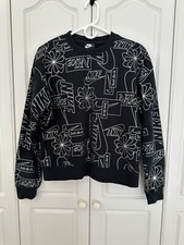 Nike Womens All Over Logo Print Cropped Sweatshirt Black Silver Swoosh sz: S