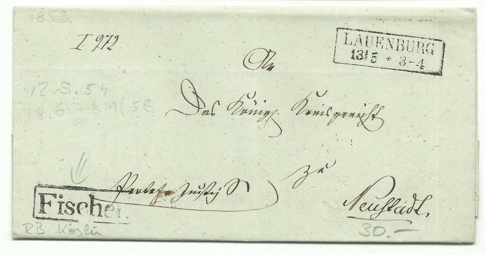 Preussen Ra2 LAUENBURG auf Brief mit Inhalt 1859  Rahmenstempel "FISCHEN" - Bild 1 von 1