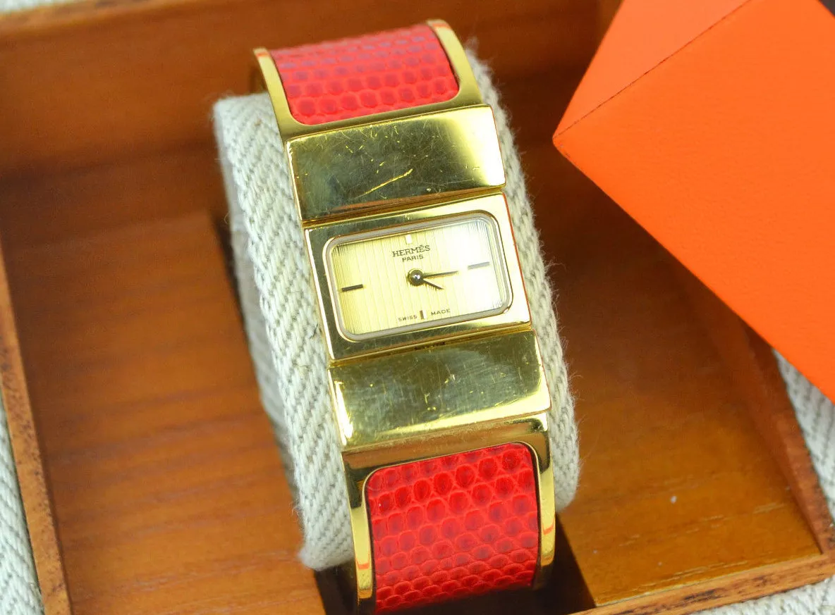 Authentic HERMES Wrist Watch Goldtone GP Loquet Red Lizard Skin Bangle  Bracelet