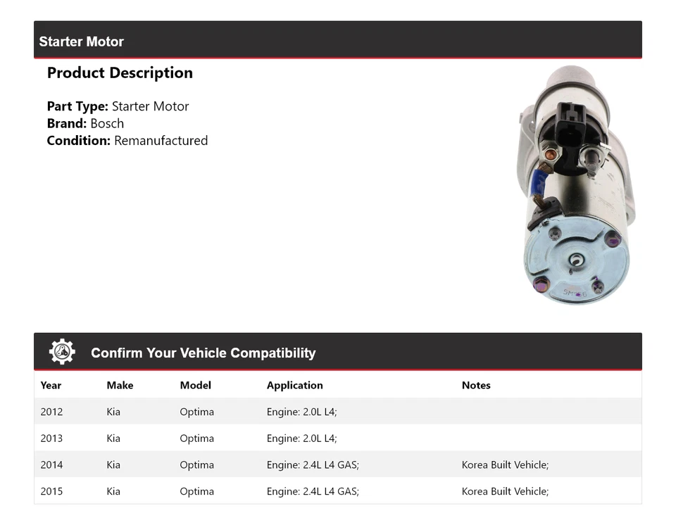 Arranque para Kia Optima Bosch 2012-2015 (remanufacturado) 2013 2014 Foto 2 de 4