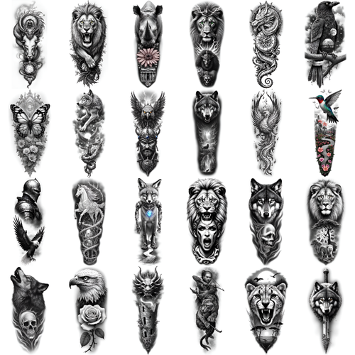 12pcs Temporary Tattoo Black And Grey Realism Eagle Unicorn Hummingbird - Picture 9 of 14
