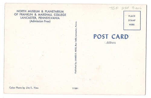 NORTH MUSEUM and PLANETARIUM Franklin & Marshall College Lancaster PA Postcard - Picture 2 of 2