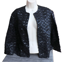Vintage Black Sequin Party Jacket- Ladies L Formal Fancy Glam Evening Wedding