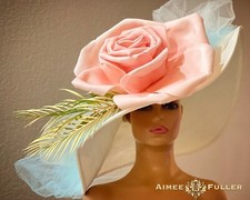 Aimee Fuller Kentucky Derby Hat Baby Blue White Cream Pink Rose Flower Palm Leaf