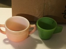 Akro Agate Green Cup and Pink Sugar Bowl 2" Tall