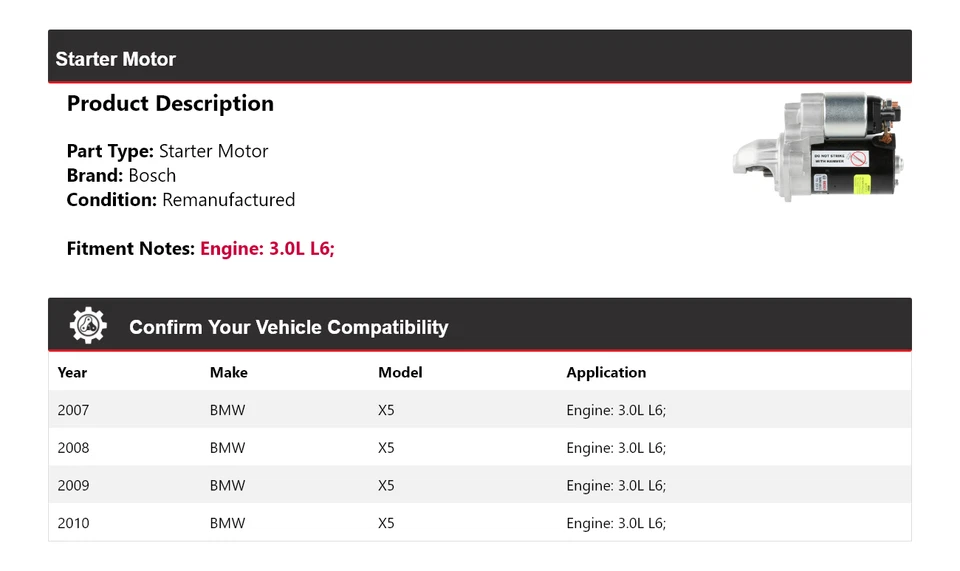 Arranque Bosch BMW X5 2007-2010 3,0 L L6 (remanufacturado) 2008 2009 Foto 2 de 4