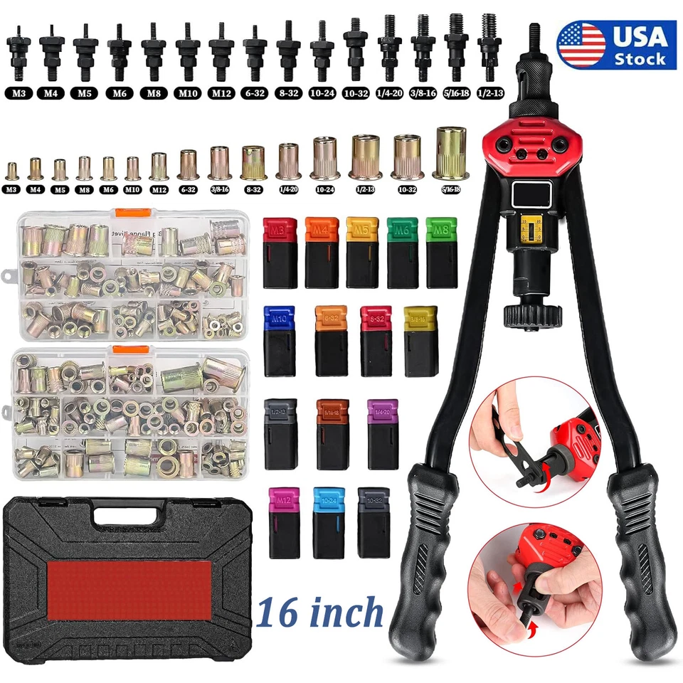 GOOBETTER 16'' Rivet Gun Kit Rivnut Thread Setting Tool Nut Setter NutSert Metric & inch