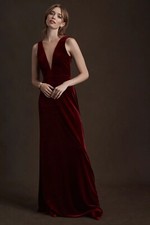 Jenny Yoo Logan Deep-V Velvet Column Gown in Dark Berry (size 4)