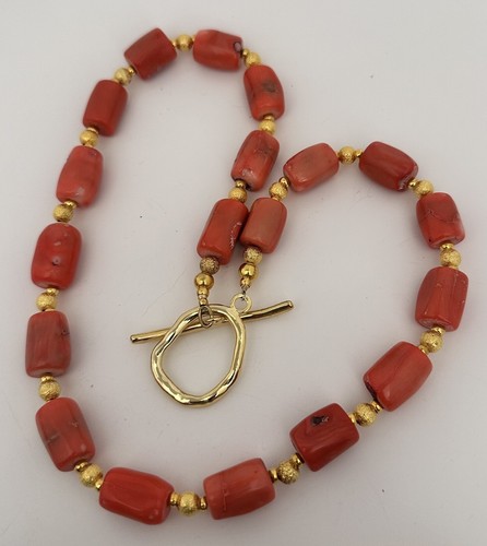Handmade ~ Gold Beads & Salmon Barrel Shape Coral Beaded 23" Toggle Necklace C49 - Picture 4 of 8