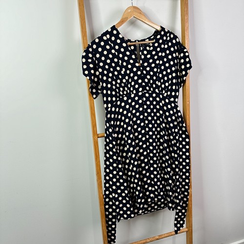 Revival Dress Womens 14 Dark Blue & Cream Polka Dot Retro Short Sleeve - Picture 2 of 11