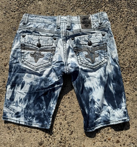 Rock Revival Shorts Mens 36 Blue Acid Wash Distressed Pockets Embroidered - Picture 2 of 14