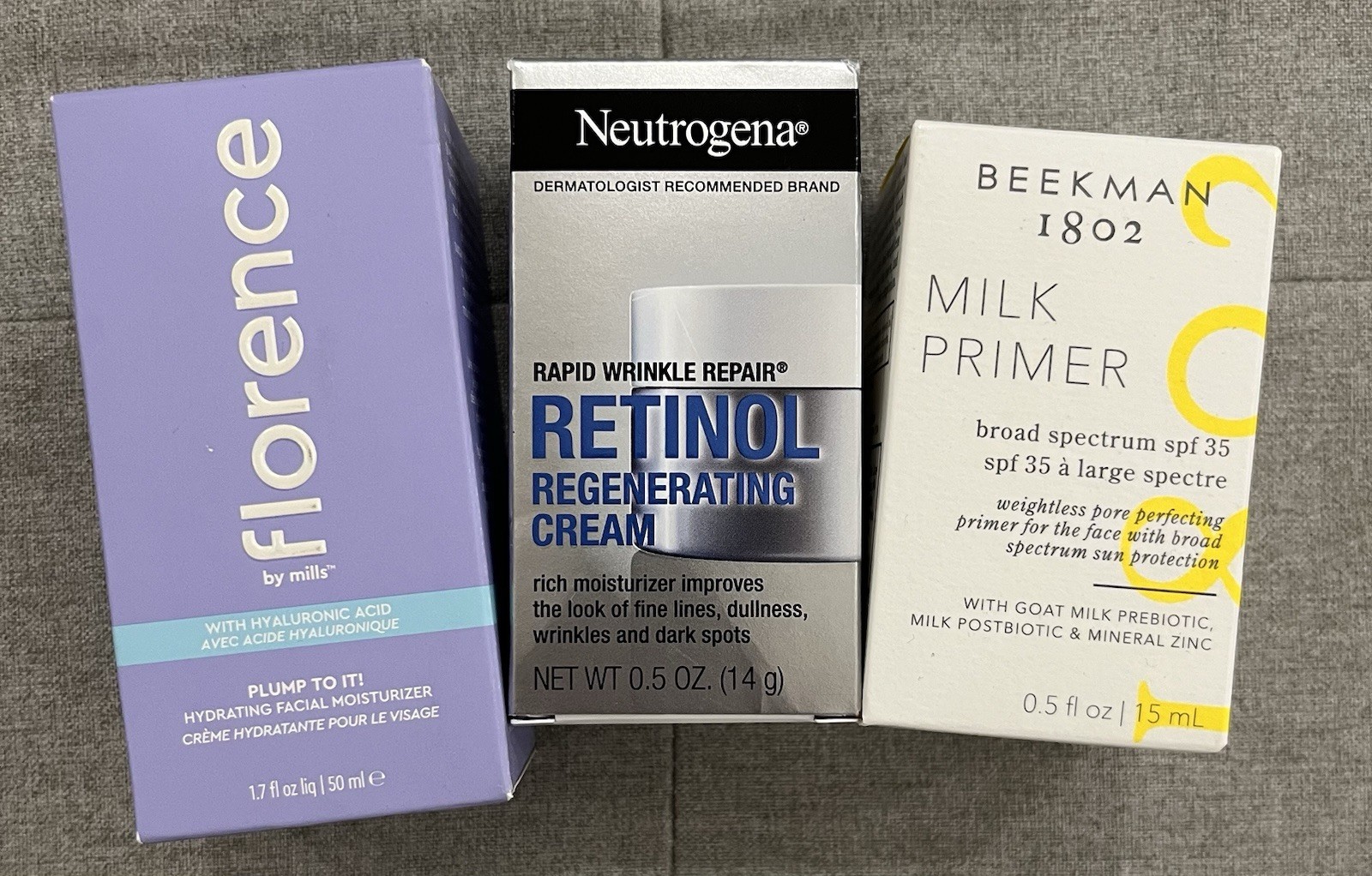 Neutrogena Retinol Cream, Florence Hydrating Moisturizer, Beekman Skincare