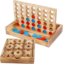 Tic Tac Toe & 4 in a Row Wooden Board Game Set – Family Strategy Games