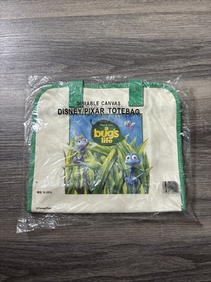 A Bugs Life Tote Disney Pixar Green And Beige Bag Dual Handle Strong Canvas NOS