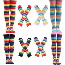 4 Sets Womens Striped Knee High Socks Long Knit Arm Warmers Fingerless Gloves...