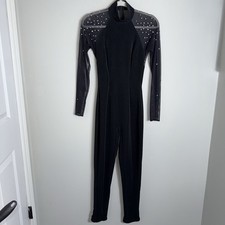 Tadashi Vintage Bodycon Jumpsuit-Black Mesh Rhinestones-Heel Stirrup-Small