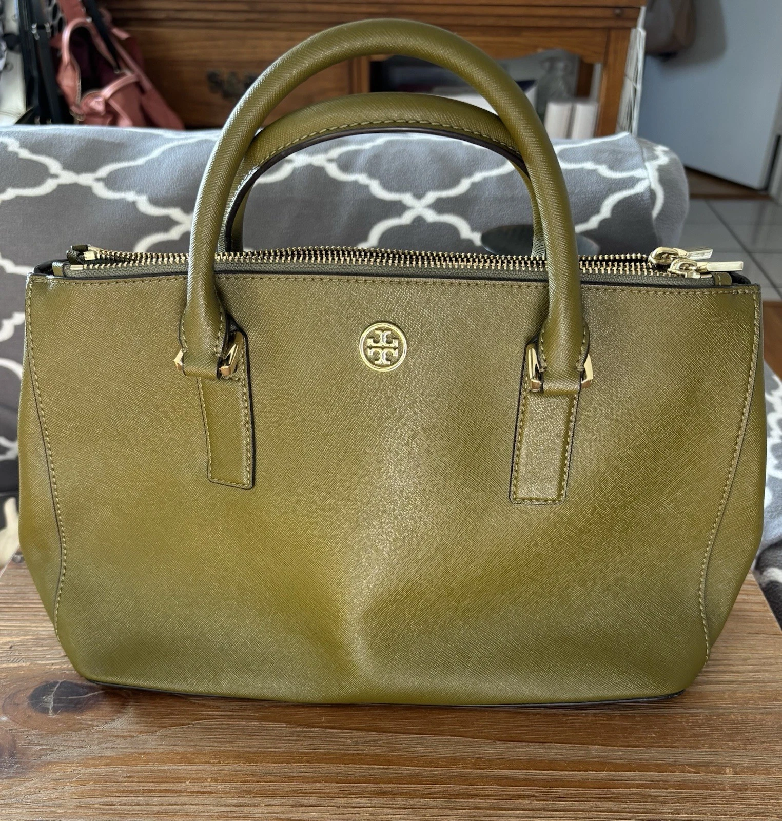 Tory Burch Women's Saffiano Leather Olive Green Satchel Handbag