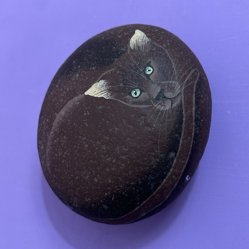 Brown Cat Painted Rock 3.5”