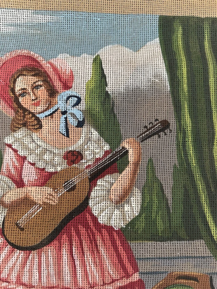 Vintage Tapestry Needlepoint Canvas Déryné Lady Playing Guitar  - Image 3 of 4