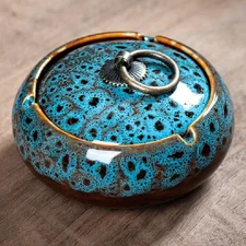 Handmade Ceramic Ashtray with Lids Windproof Ashtray Smokeless for Indoor or ...