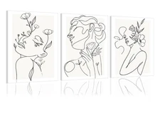 Minimalist Woman Flower Line Wall Art Set of 3 Neutral Modern Abstract Black ...